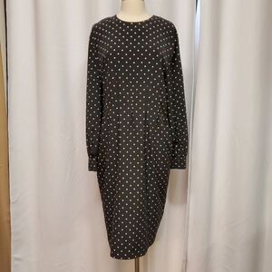 Vintage 80s Ms Chaus Black White Polkadot Long Sleeve Midi Dress Pin Up Girl LG